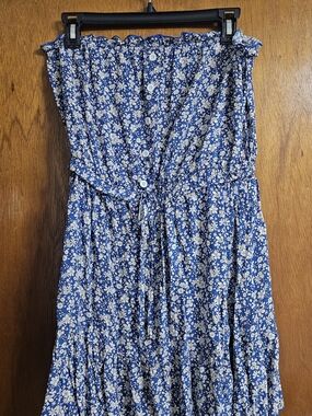 Blue Floral Strapless Button-Front Maxi Dress